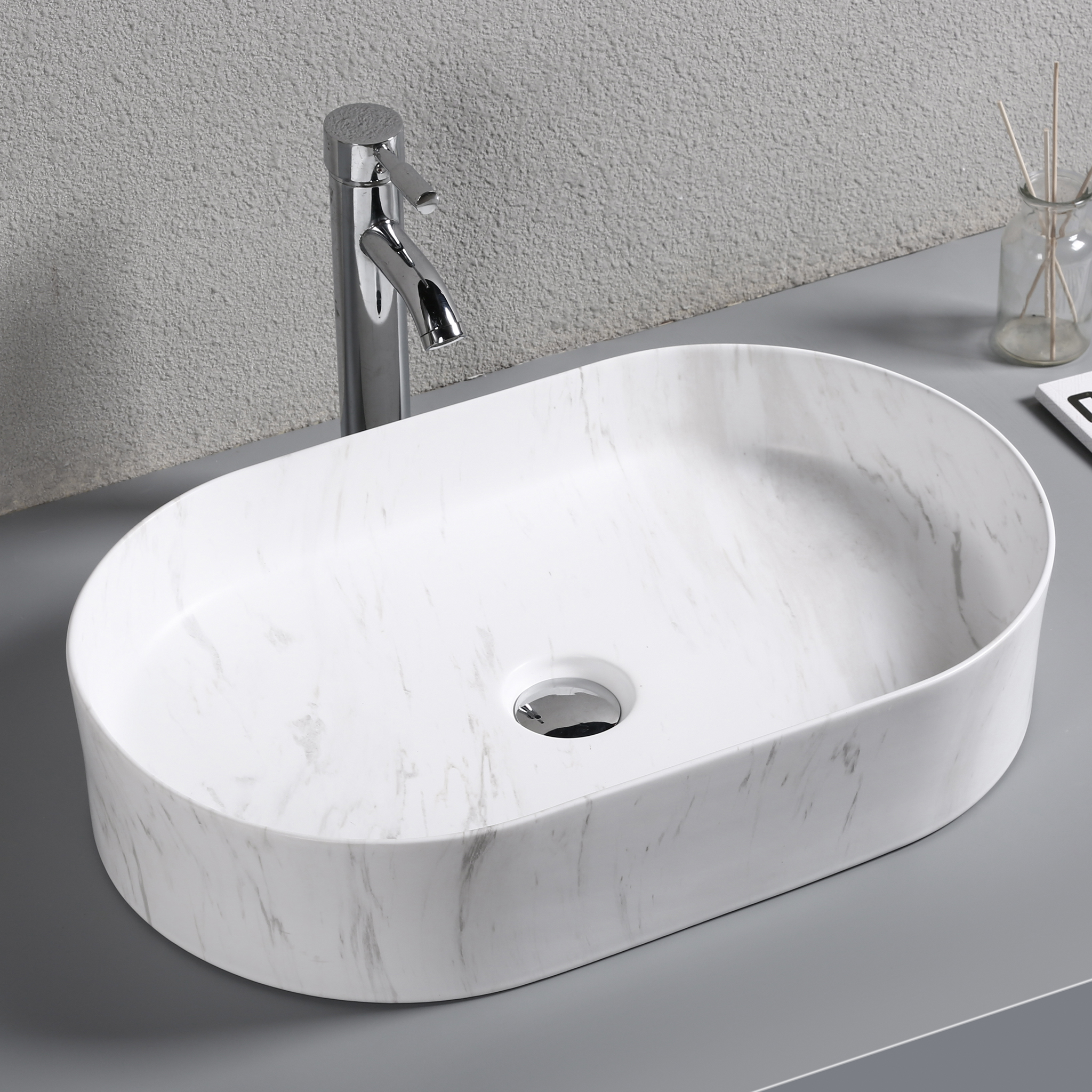 Marmor Handfat Ovalt handfat 61x38 | Marmormönstrat porslin | Lyxig design | Outl1