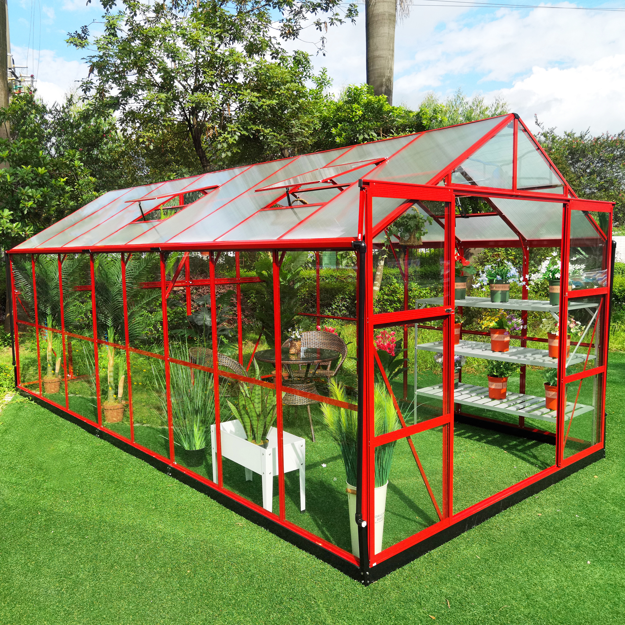 Växthus 12,7 m² | 4 mm säkerhetsglas | 5 års stormgaranti | Röd