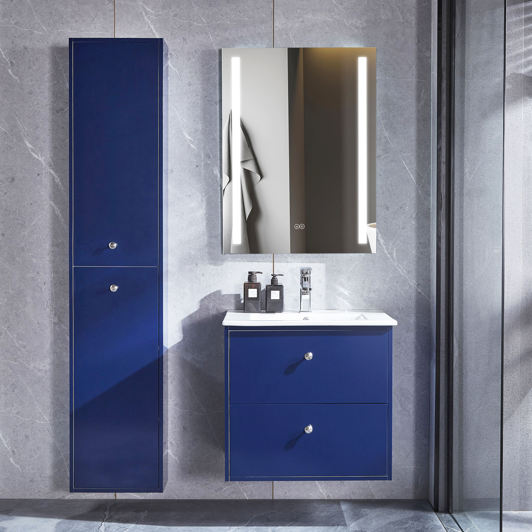 Badrumspaket - Kommod med handfat, högskåp och LED-spegel - Blå