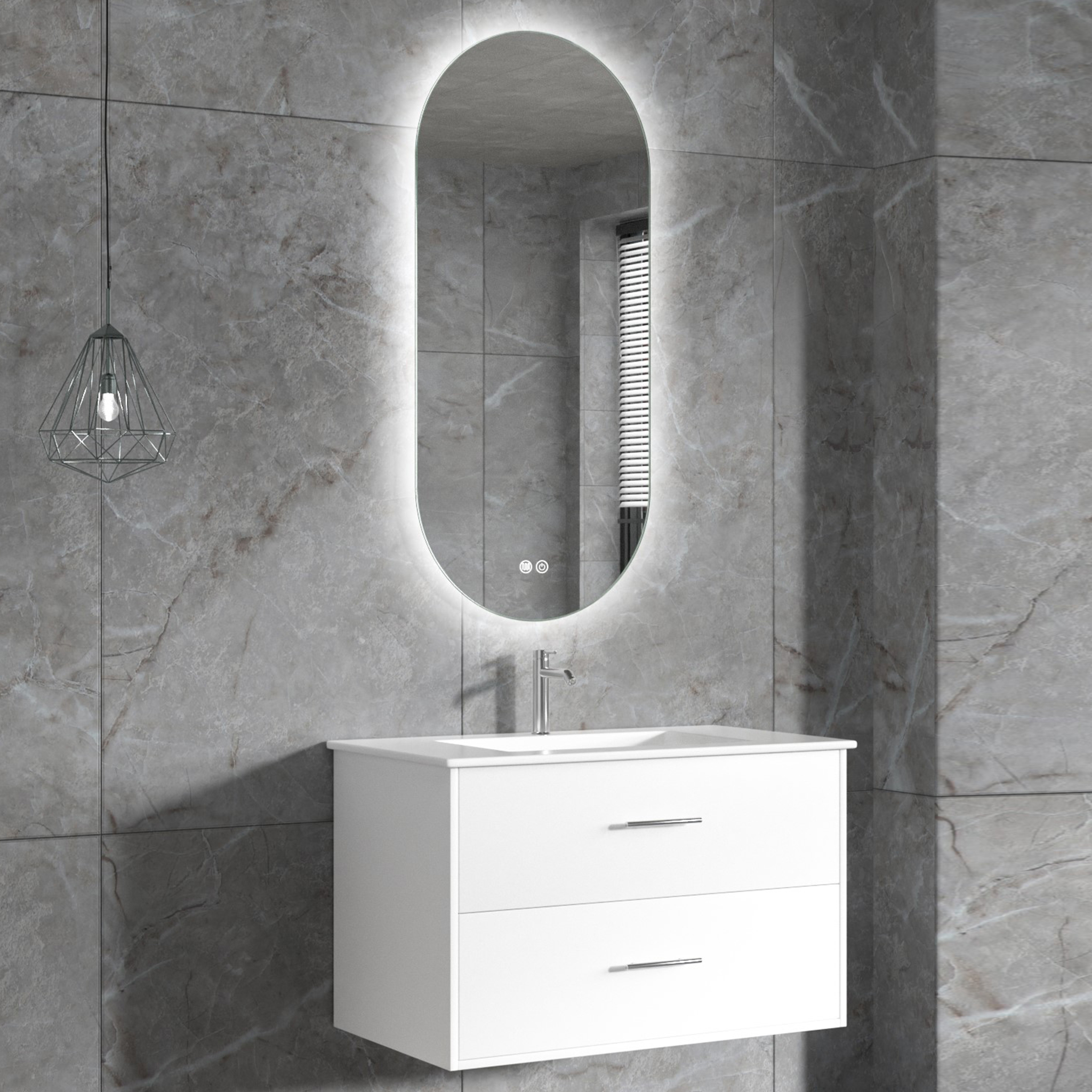 Badrumsmöbel | Oval LED-spegel | Kommod med blandare | Nimbo - 80 cm
