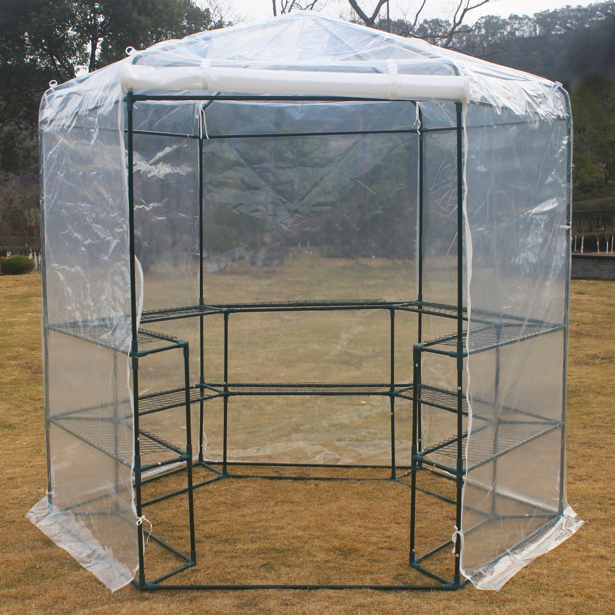 Sexkantigt plastväxthus 3,8m² | Stålram | Transparent PE-plastöverdrag