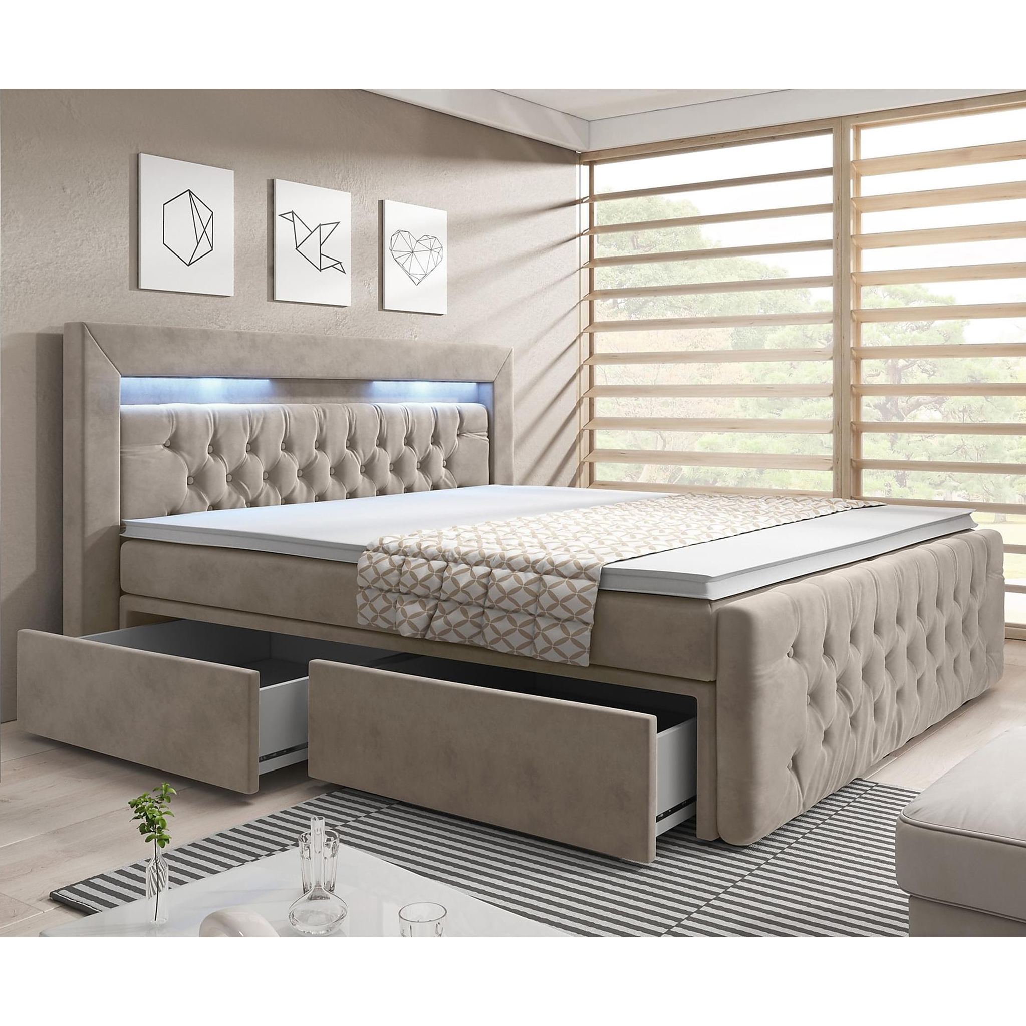 Sängpaket 180x200cm med förvaring och LED-belysning | Franco - Beige