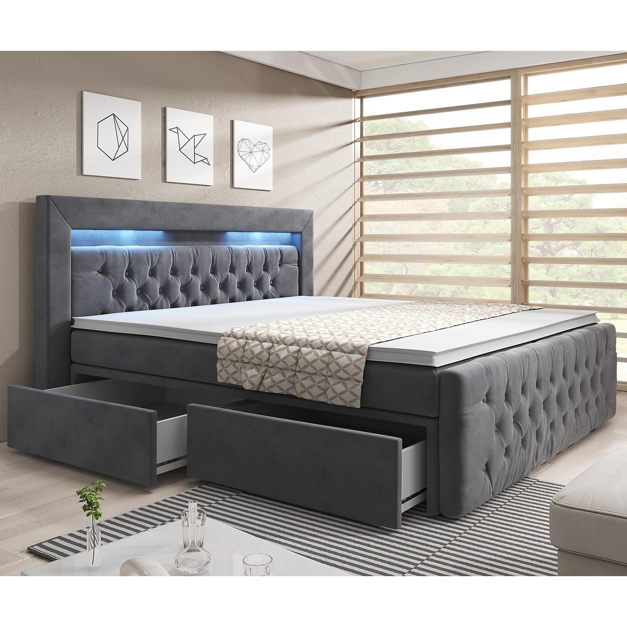 Sängpaket 180x200cm med förvaring och LED-belysning | Franco - Grå
