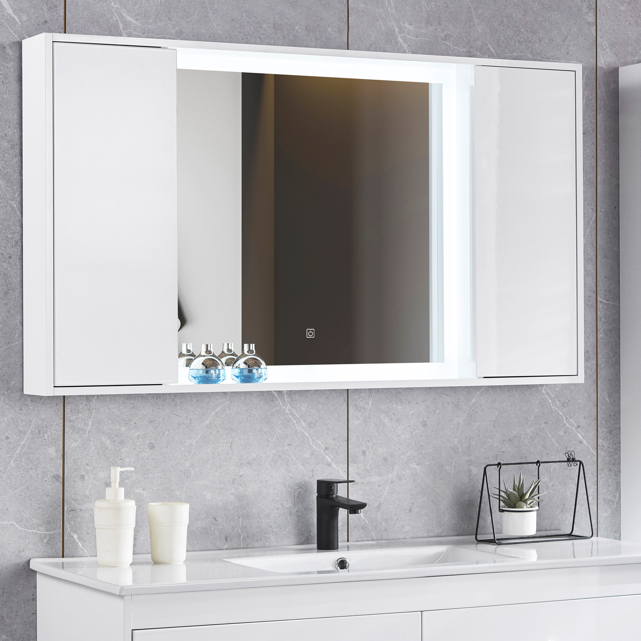 LED-spegel 120x68cm | Två sidoskåp | Vit