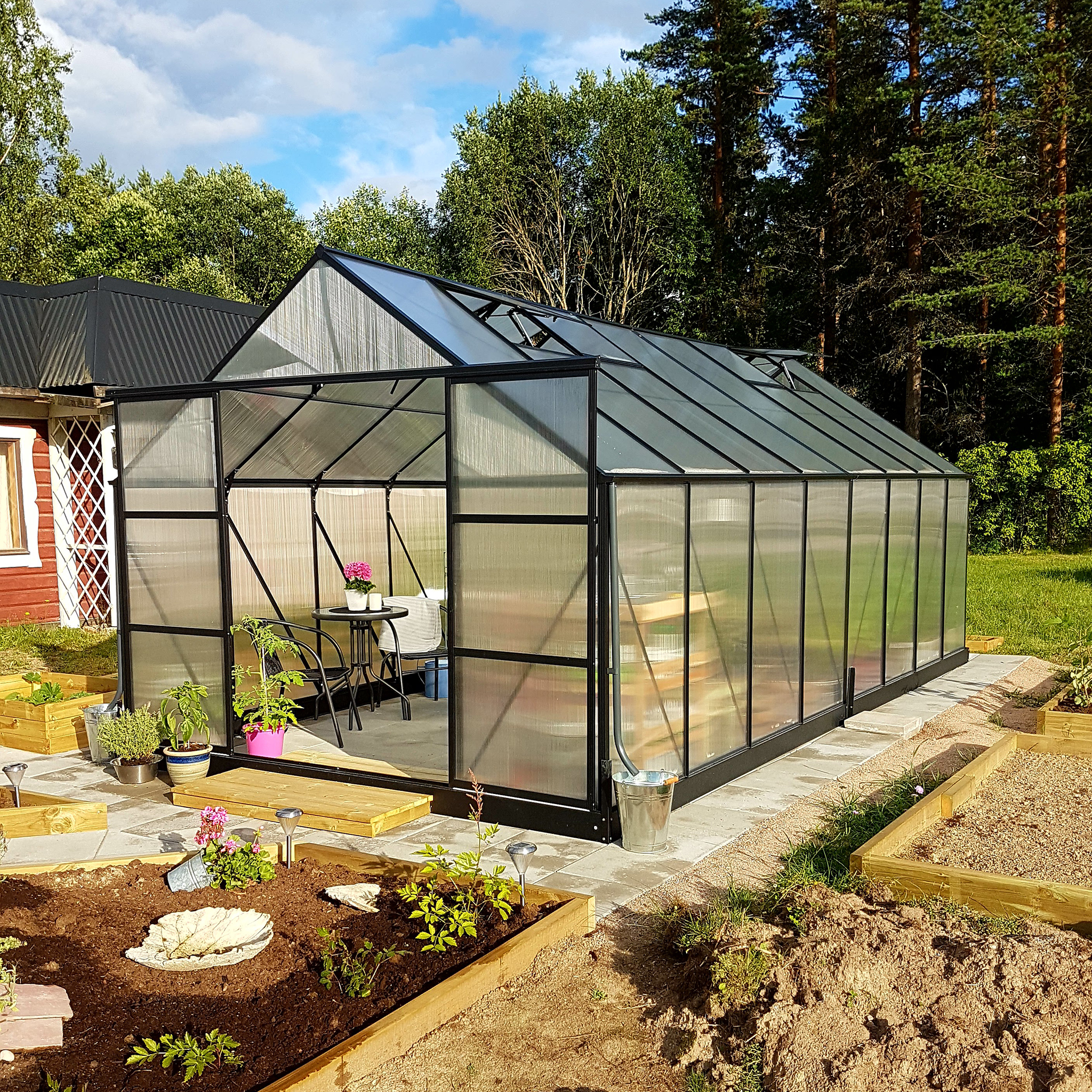 Växthus 18m² Premium | Extra hög odlingshöjd | 6mm kanalplast | Svart