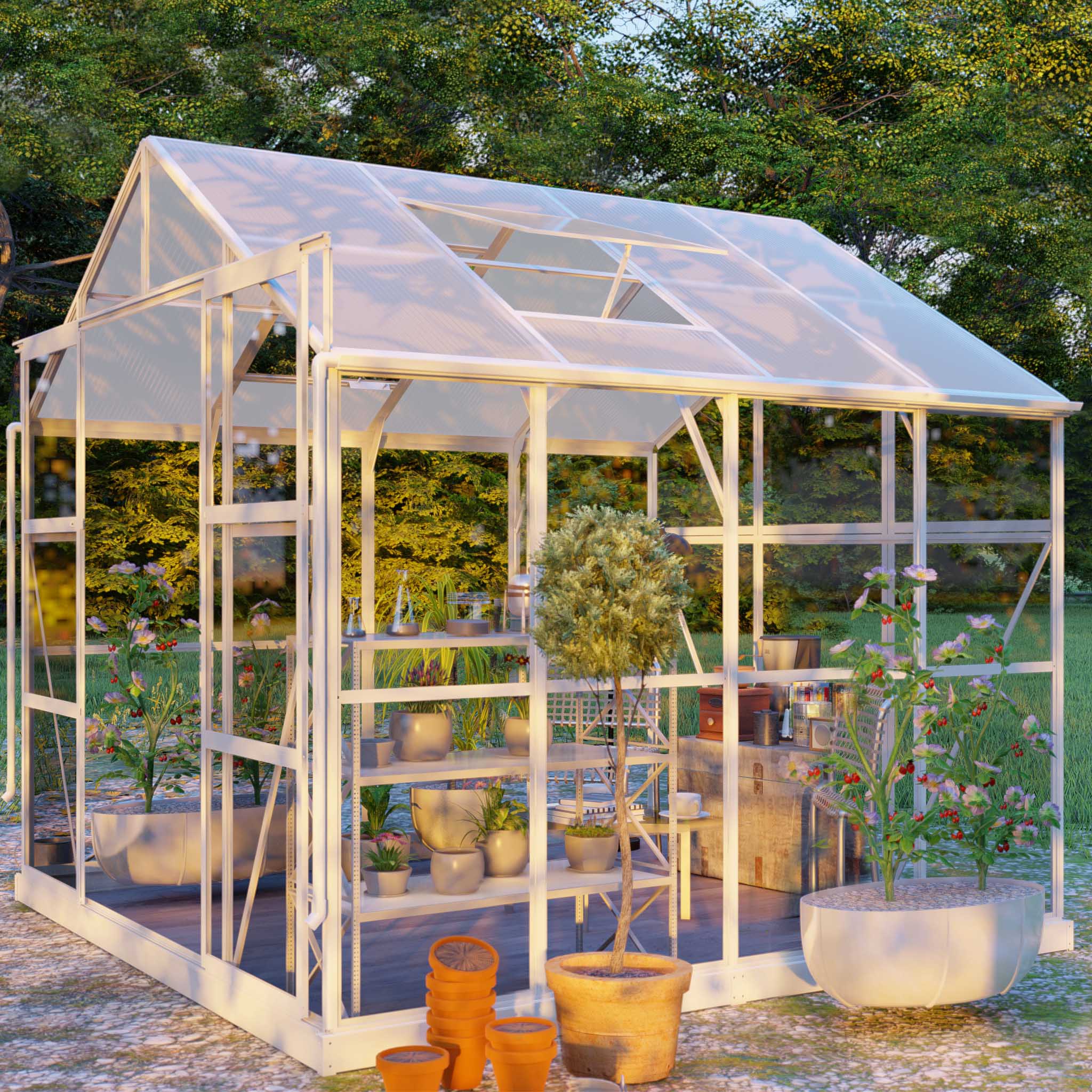 Glasväxthus 6,4 m² | 5 års stormgaranti | 4 mm säkerhetsglas | Vit